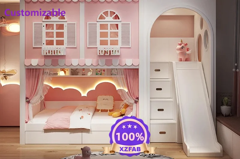 Factory Direct 2026 Full solid wood children's bed princess bed up and down bed high and low  castle pink multi-function