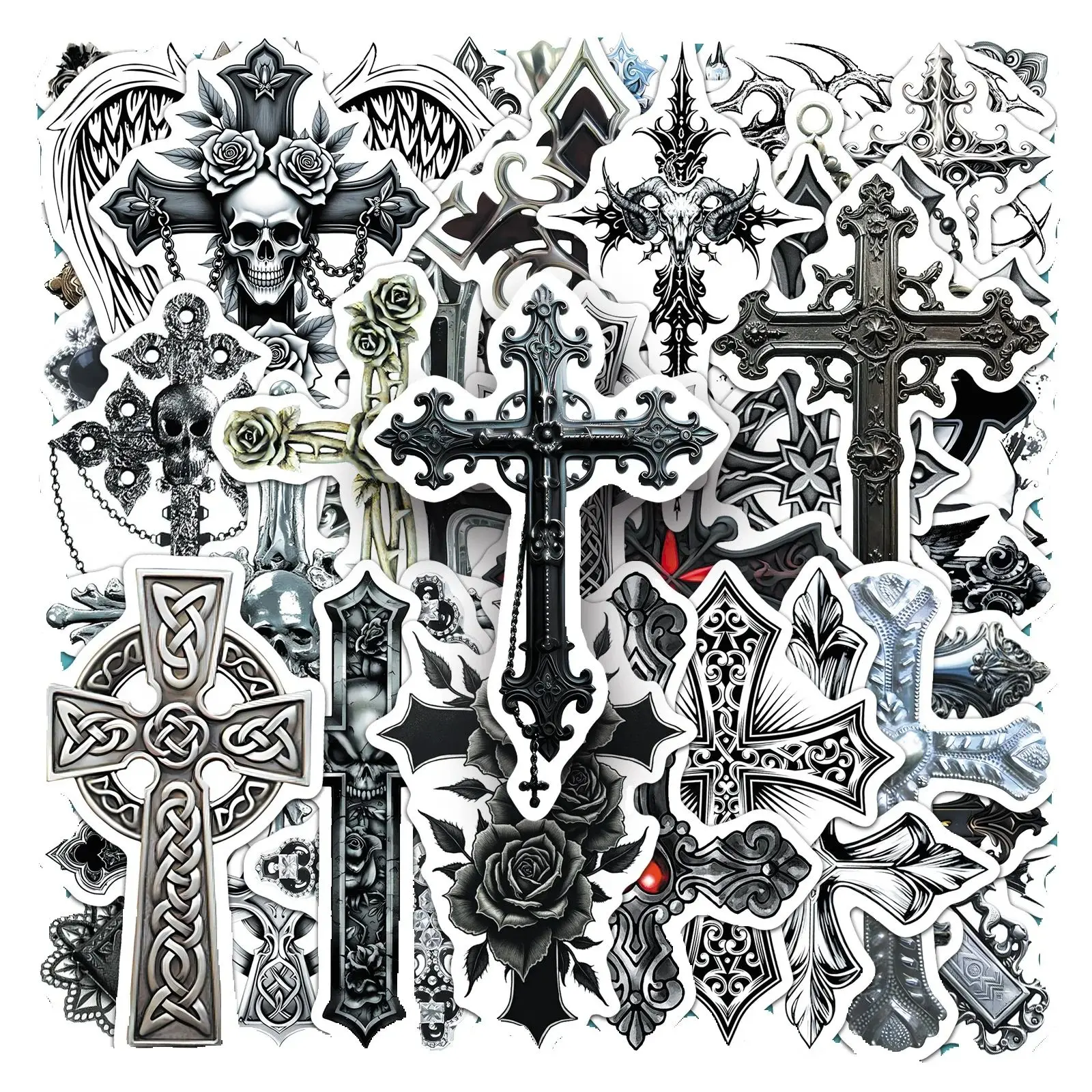 

50Pcs Cross Stickers Vintage Gothic Cross Vinyl Waterproof for Laptop Phone Notebook Water Bottle DIY Sticker