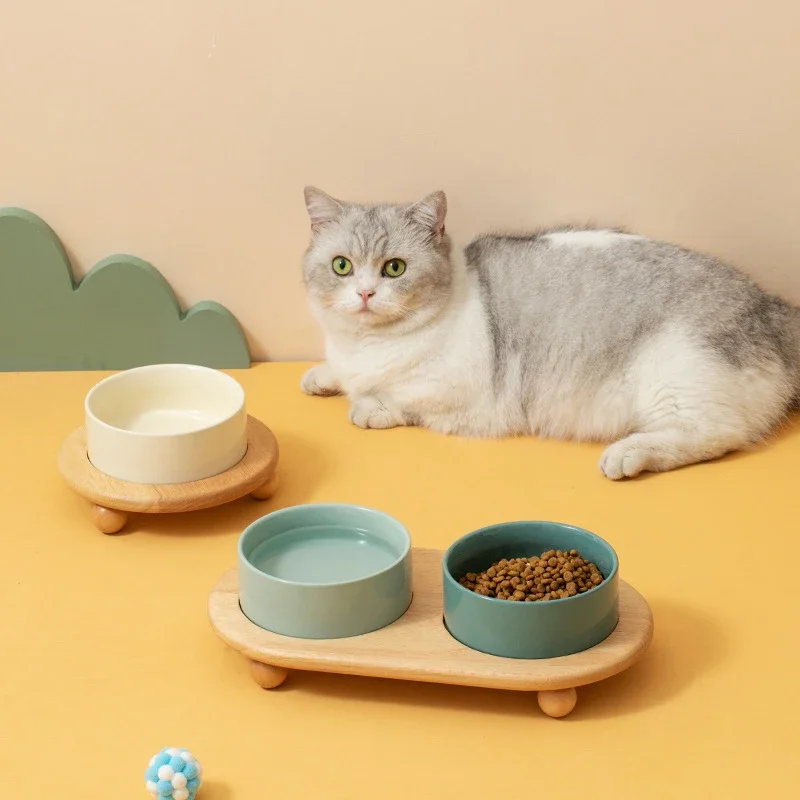 1800ML Ceramic Small Dog Food Water Bowl Elevated Cat Large Capacity Double Feeding Bowls with Wooden Stand Pet Drink Eat Feeder