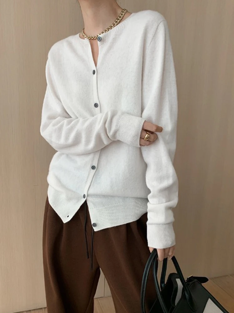 [LANMREM] Knitting Cardigan Sweater For Womrn Solid Round Neck Long Sleeve Office Lady Fit Fashion Top 2024 Autumn New 26C182