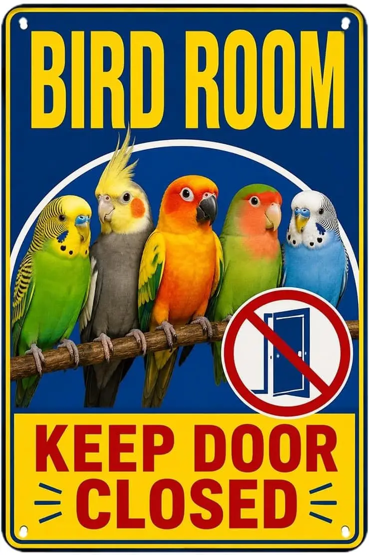 Colorful Parrot Bird Room Keep Door Closed tin sign Funny Bird Lover Vintage Metal Sign Wall Art for Home Bedroom Kitchen Bar Ga