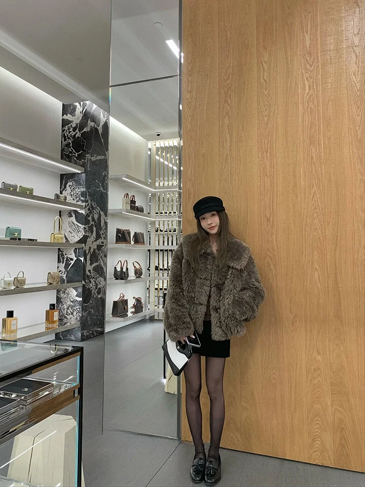 Kobe Girl Anti-Aging-Jacke mit lockerem Kragen und Knöpfen aus Kunstfell im koreanischen Stil, umweltfreundlich