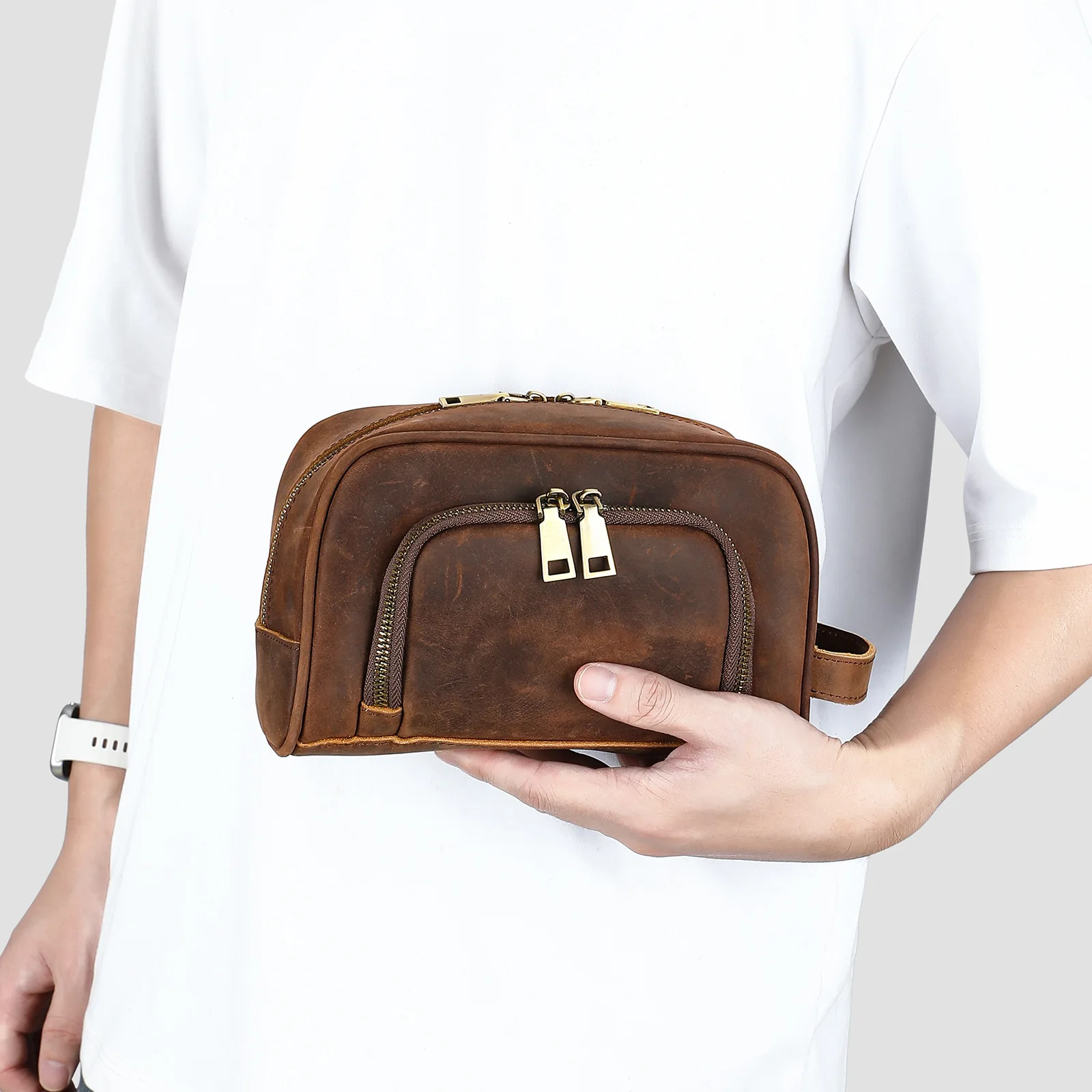 

Кожаная ручная косметичка Crazy Horse в стиле ретро, высококачественная уличная ручная сумка большой вместимости, зеленая сумка для хранения косметики