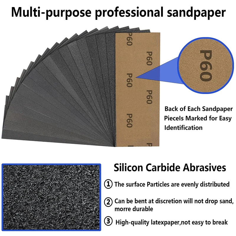 51 Pcs (9 x 3.6 Inch) Wet/Dry Sandpaper Hand Sander Set Sanding Discs For Wood Sanding Metals Polishing Sheets Grinding Tools