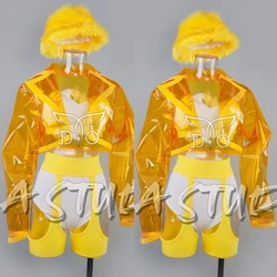 Yellow Transparent Coat Sexy Pole Dance Clothing Women Gogo Costumes Stage Jazz Outfits Bar Nightclub Dj Ds Rave Wear XS7817