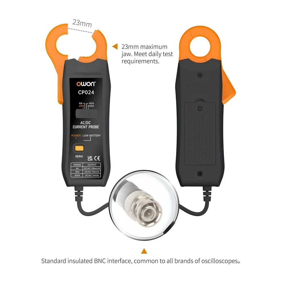 Owon cp024 ac dc braçadeira sonda testador dc/ac sonda de corrente para armazenamento digital osciloscópios mandíbula triplo engrenagem braçadeira de corrente escopo