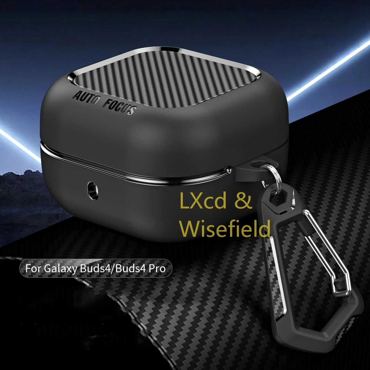 For Samsung Galaxy Buds 4 / Buds 4 Pro Storage Case Protective Cover with Carbon Fiber Texture, 4-Corner Airbag +Carabiner Clip