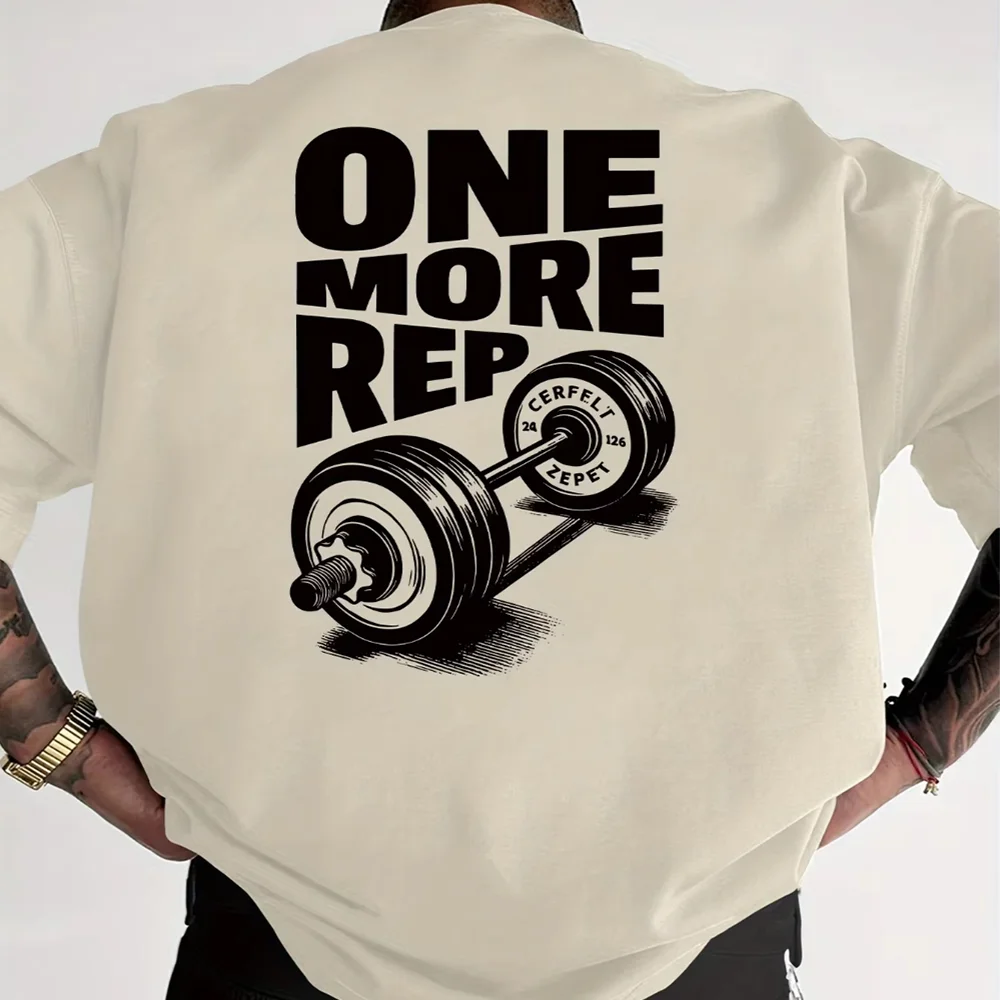 Camiseta con Peso ONE MORE REP, de Algodón, Manga Corta, con Estampado de Motivación Fitness y Mancuernas, Estilo Urbano Americano, Holgada, para Entrenamiento
