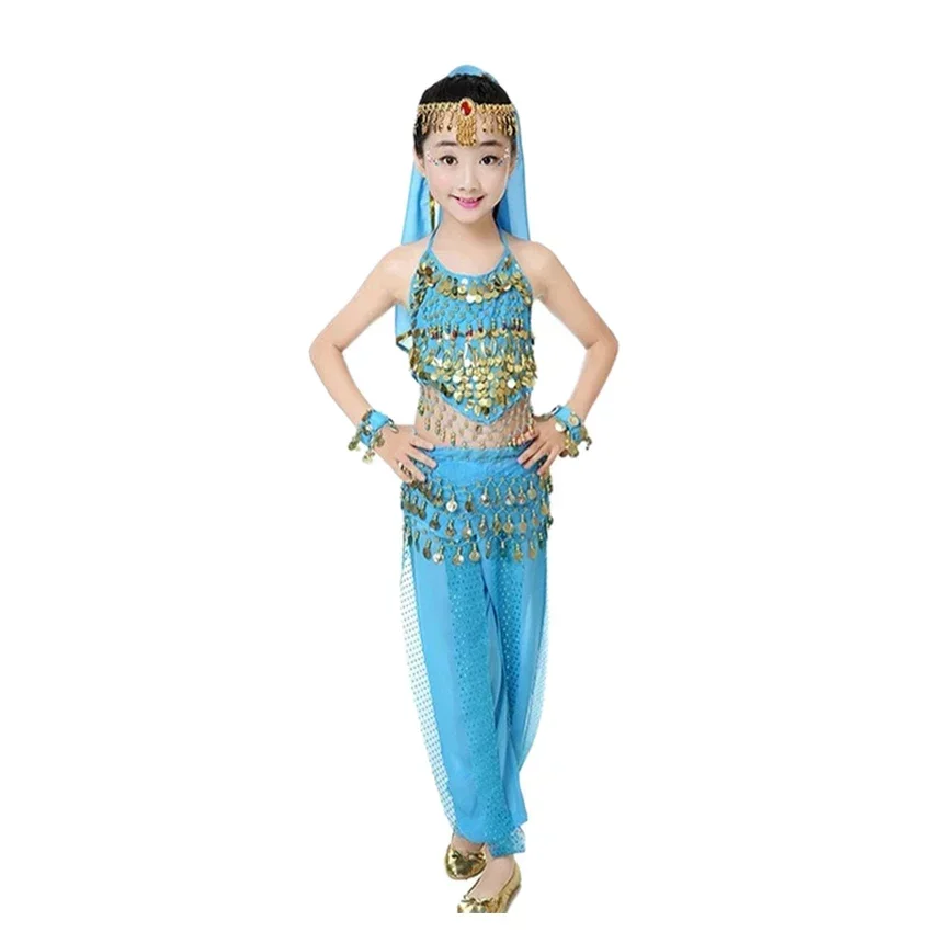 Children Belly Dance Costume Girls Sequin Stage Performance Indian Oriental Clothes Kids Bollywood Dancing Halter+Legged Pants
