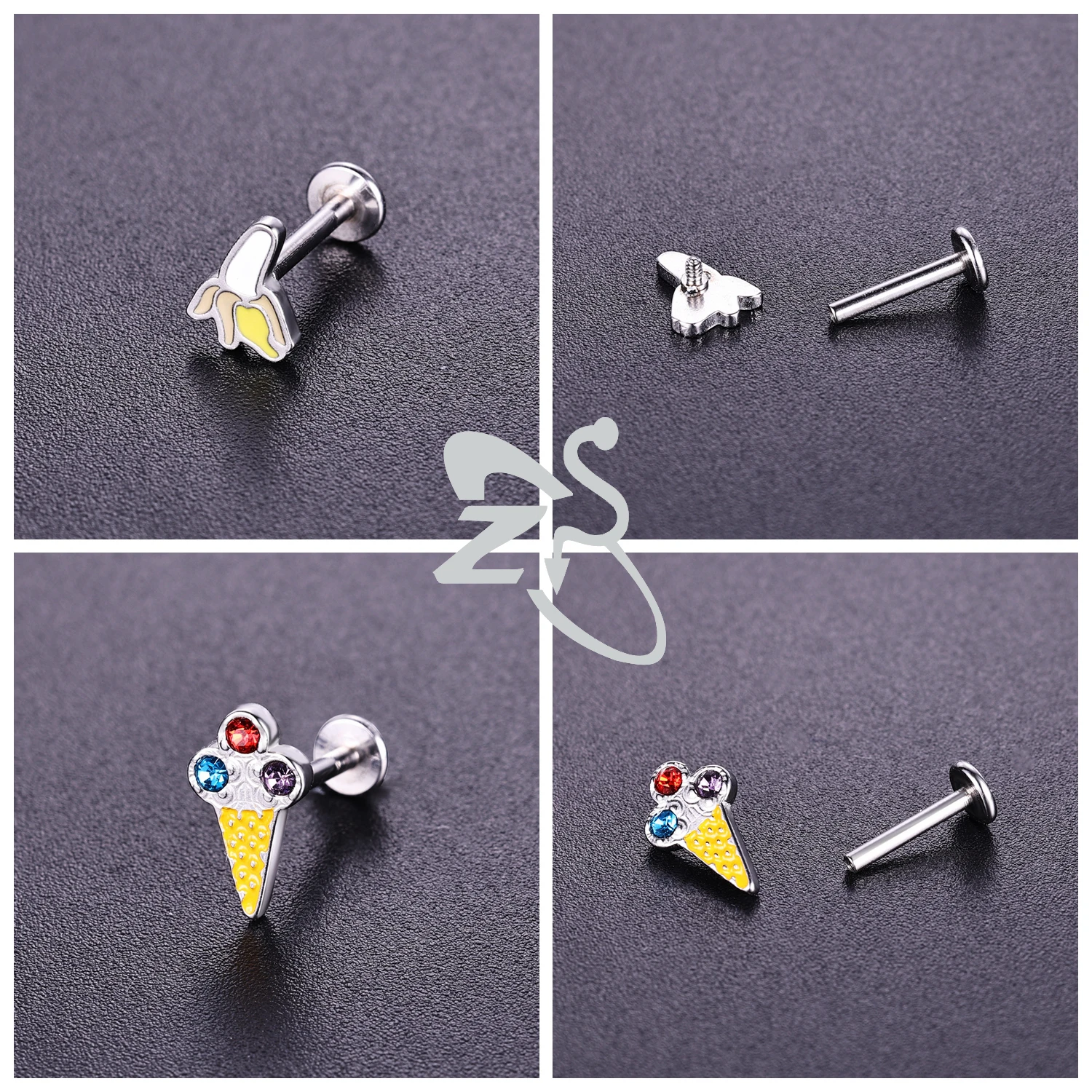 ZS 1 PC 16G/18G Stainless Steel Labret Lip Piercing Cute Cherry Cake Apple Lips Stud Ear Cartilage Tragus Helix Piercings 6/8MM