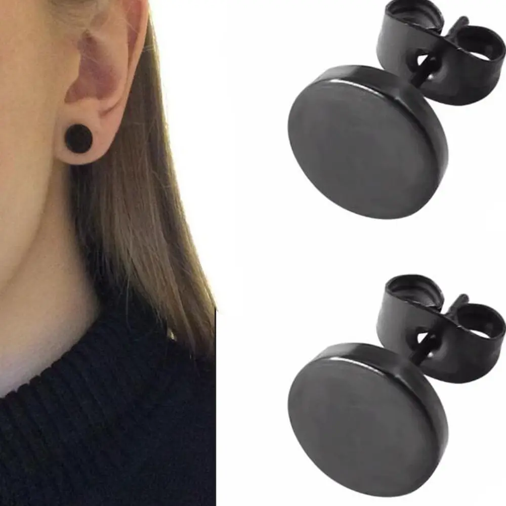 1 Pair Hot Sale with Butterfly Clasp Push Black Round Shaped Earrings for Women Men Earrings Ear Studs Stainless Steel