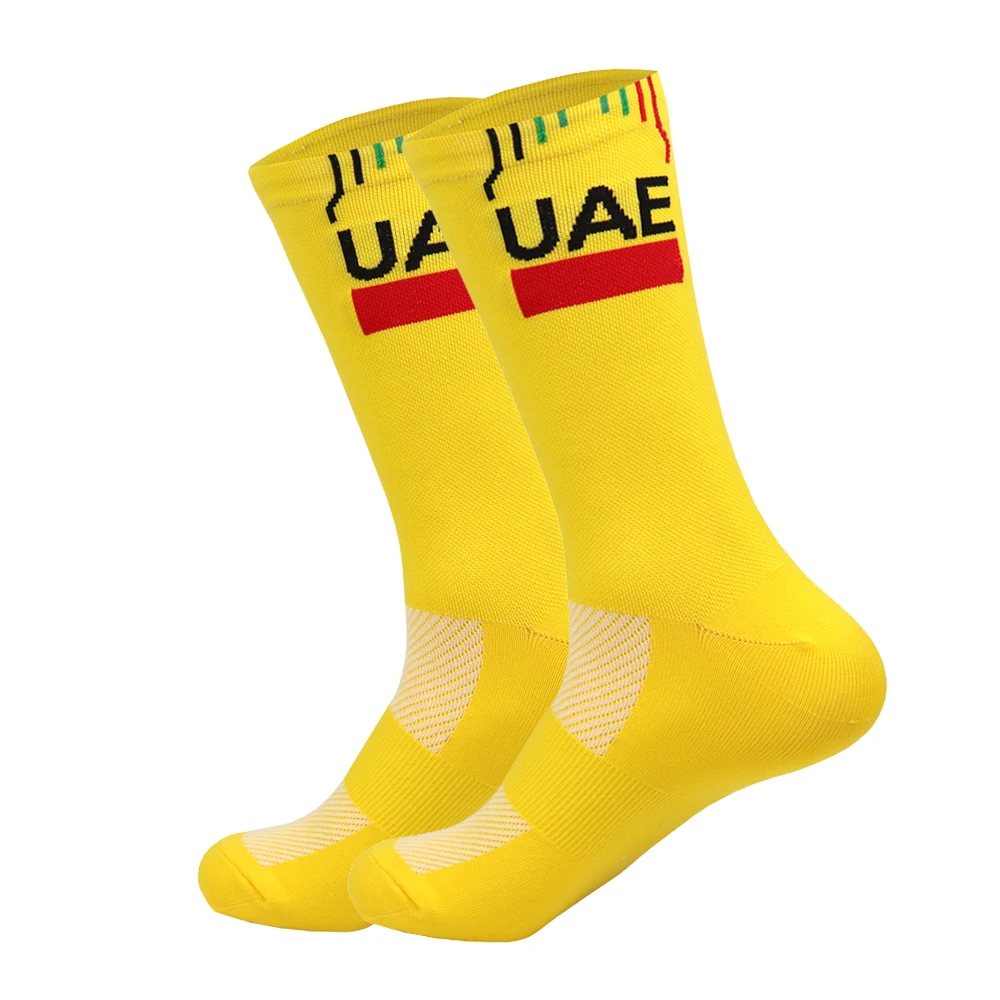 Weiße UAE-Radsocken, rot, TEAM, leichtes, großes Mesh-Design, MTB-Fahrradsocke, Unisex, für Erwachsene, Kompressionssocken, rutschfeste Laufsocken