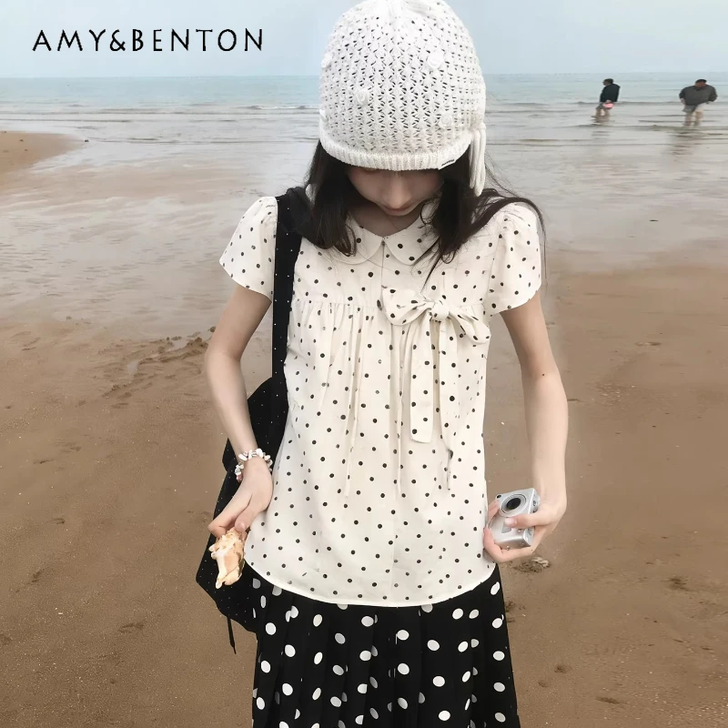 

College Style Sweet White Doll Collar Polka Dot Women's Shirt 2026 Summer New Design Cute Bow Y2k Short-sleeved Shirts Ladies