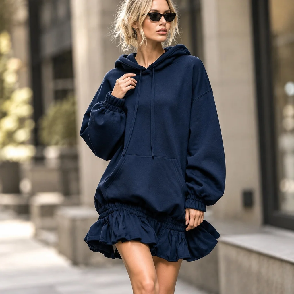 Hooded Pullover Skirt Sweatshirt Dress with Drawstring Loose Fit Mini Length Sporty One Regular Sleeve Women Casual Dresses