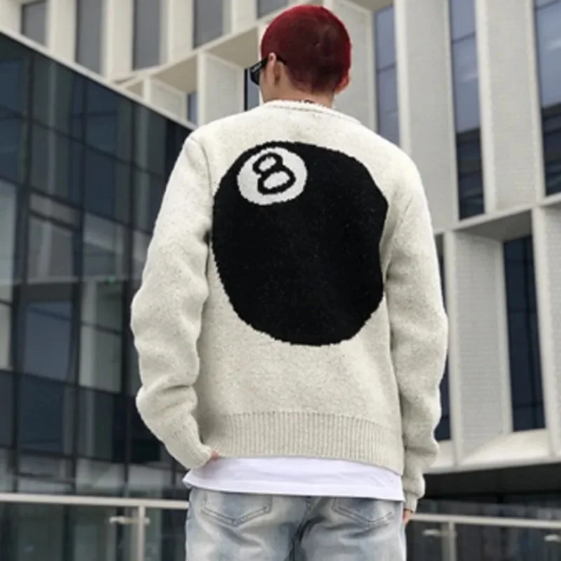 

Winter Men Gothic Knitted Sweater Streetwear Billiards Black 8 Ball Knitwear Hip Hop High Street Loose Casual Pullovers Sweater