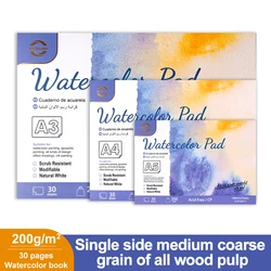 Professional 200 GSM Watercolor Sketchbook 30 Sheets Single-Sided Cold-Pressed Texture A3/A4/A5 Sizes Premium Wood Pulp Paper