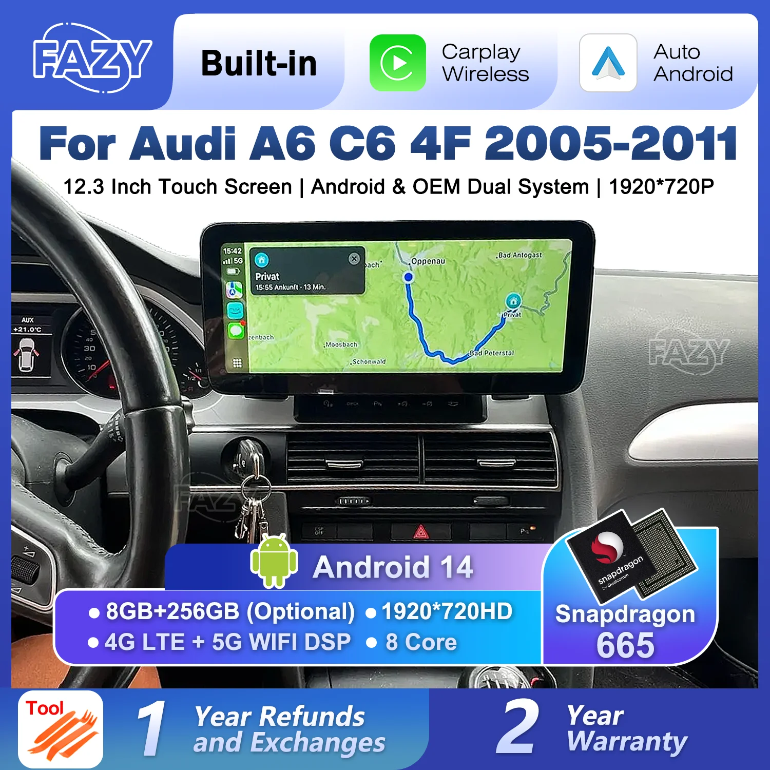

FAZY 12,3 дюймовый Android 14 Система Авто Радио экран плеер для Audi A6 C6 4F 2005-2011 GPS Мультимедиа Стерео 8 + 256 Гб RAM 4G WIFI