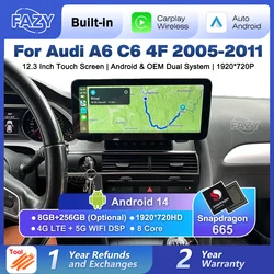 FAZY 12.3 Inch Android 14 System Auto Radio Screen Player For Audi A6 C6 4F 2005-2011 GPS Multimedia Stereo 8+256GB RAM 4G WIFI