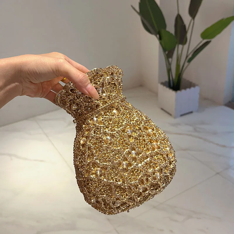 Women Luxury Full Rhinestone Bucket Evening Clutch Bag Gold Crystal Chain Handbag Wedding Banquet Cocktail Party Prom Purse - view 3