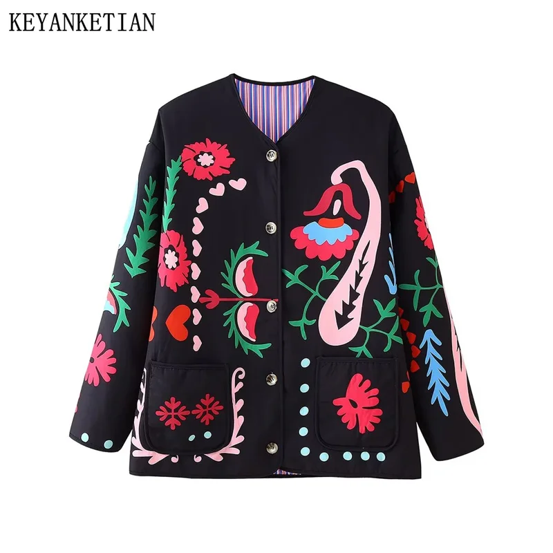 

KEYANKETIAN 2024 Autumn/Winter New Women's Hand-Painted Printed Quilted Coat Ethnic style Single Breasted Pockets Outerwear Top