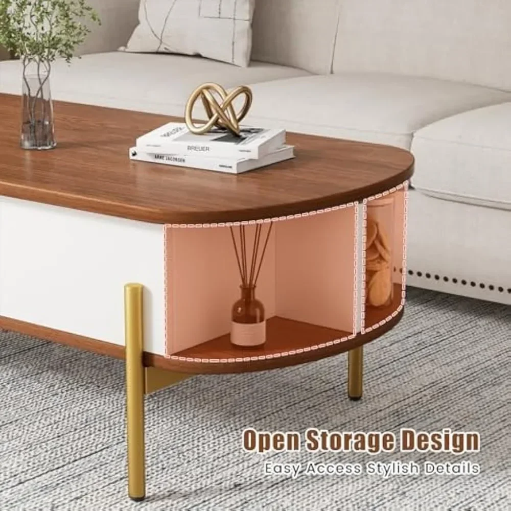 Mesa de centro oval de 48" com pernas de metal de armazenamento e grande compartimento oculto, mesa de centro com tampo de elevação e prateleira aberta