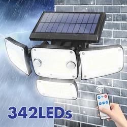 Solar Outdoor Lights with 4 Adjustable Heads IP65 Waterproof and 3 Modes 6500K Powered Security Flood Lights With Remote Control