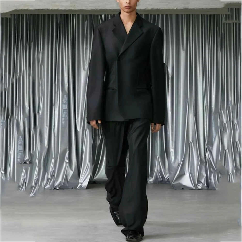 Fashion Oversized Grey Men Suit Set Asymmetric Single Button Notched Lapel Blazer Pants Loose Casual Male Two Pieces Outfit