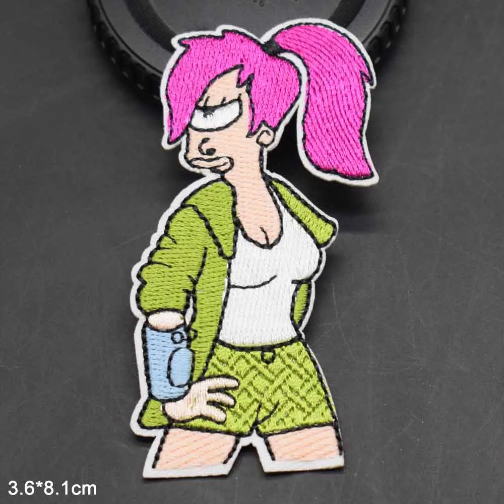 Pink Hair Woman Iron on Embroidered Cloth Futuramas Patch For Girls Boys Man Clothes Stickers Apparel Garment Accessories