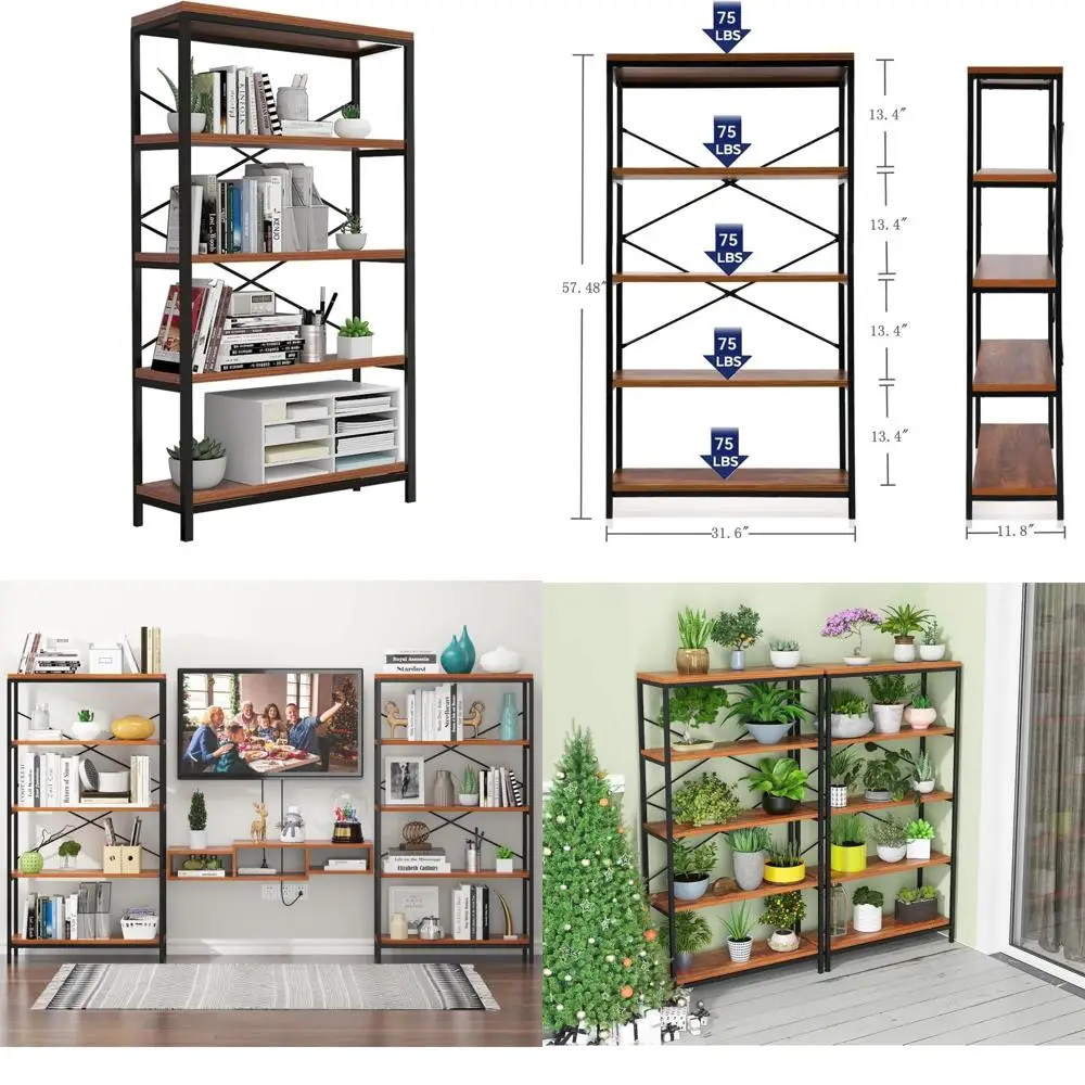 

5-Tier Metal Ladder Bookcase, 58 High Storage Shelving Unit, Modern Accent Furniture with Metal Frame