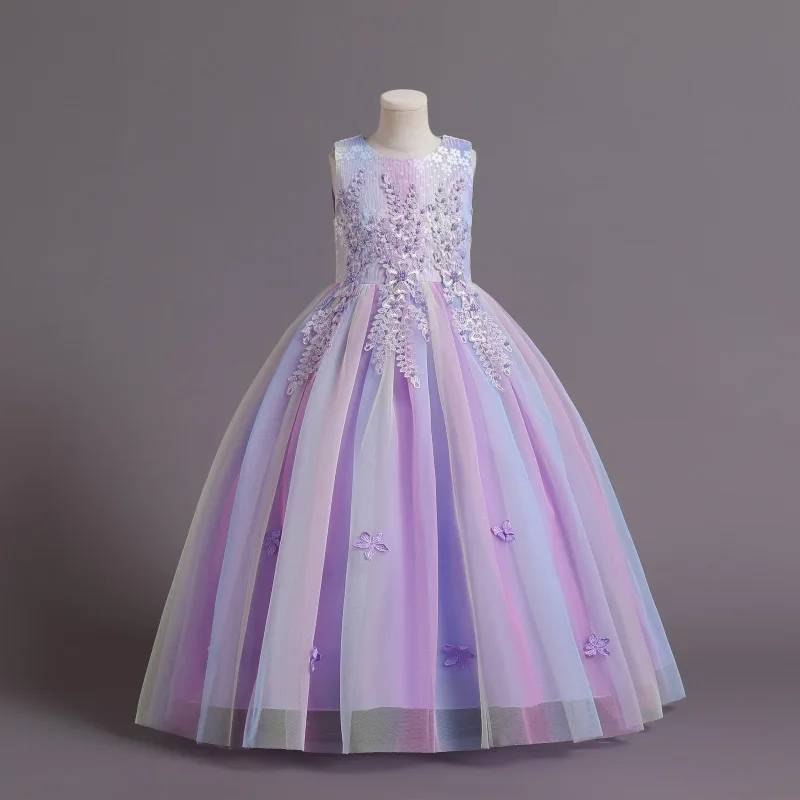 Vestido elegante para niñas, vestido de novia largo de princesa sin mangas con flores y mariposas, vestido Formal de tul hinchado para graduación y cumpleaños