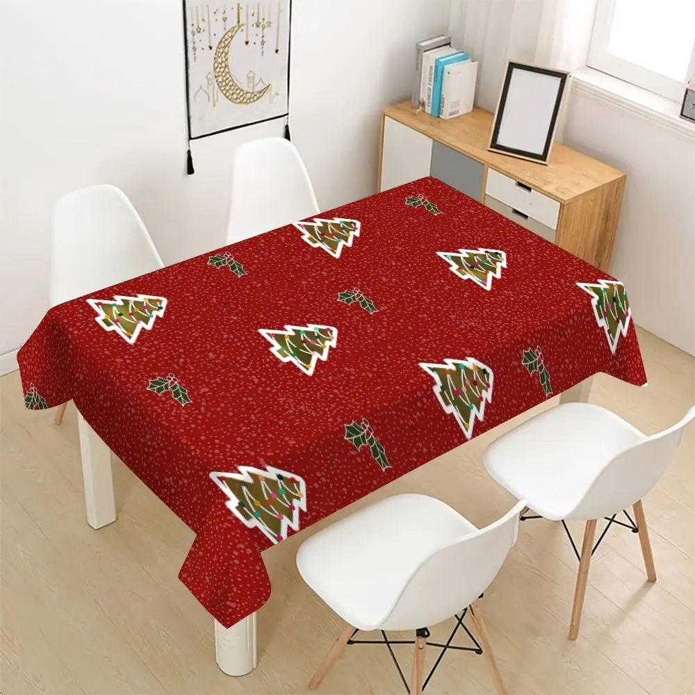 Red Christmas Tree Holly Tablecloth, Festive Winter Holiday Waterproof Spill Proof Table Cover for Xmas Dining Party Home Decor