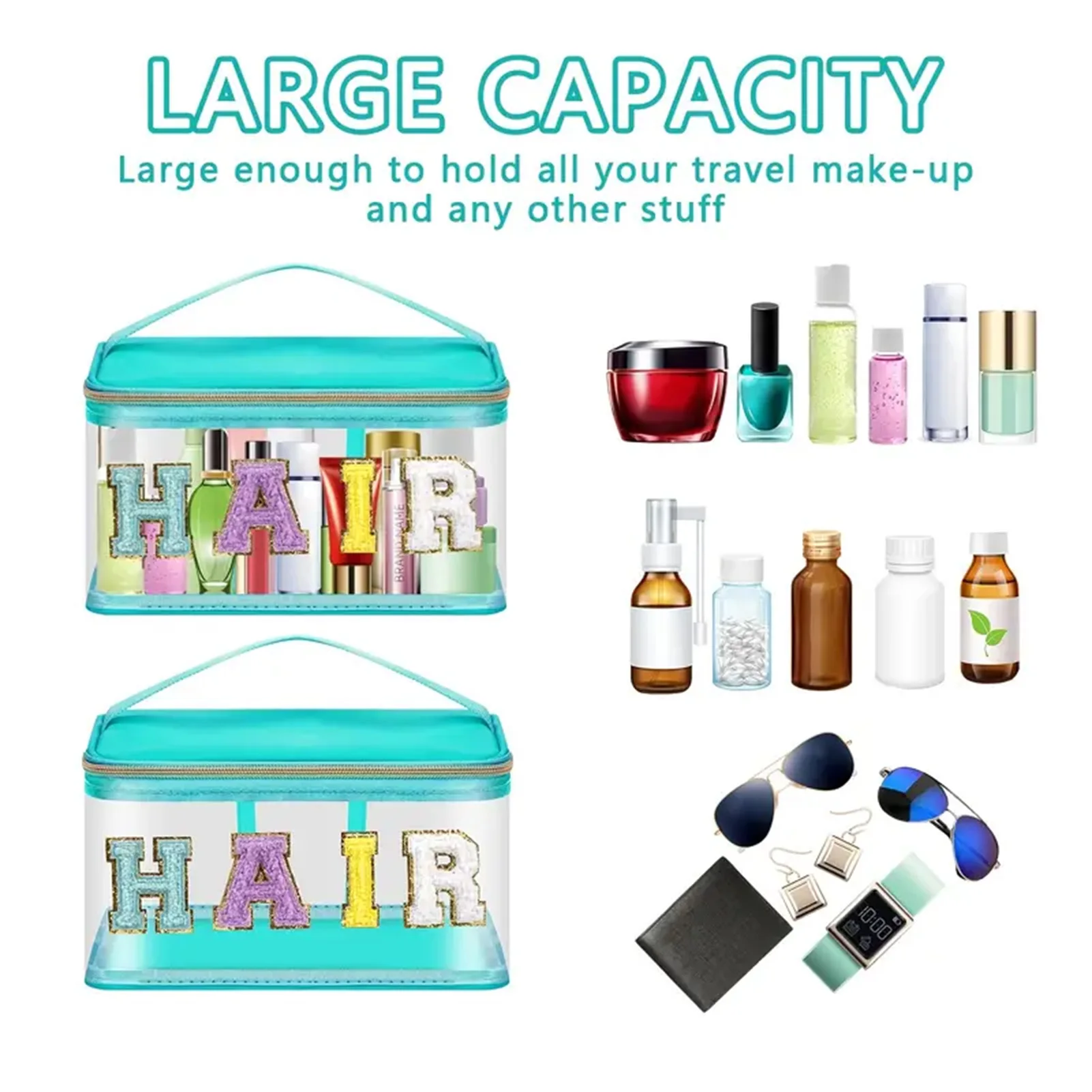 Green Large Capacity Transparent Makeup Bag HAIR Letter Decor Cosmetic Pouch Travel Toiletry Organizer for Women Girls Bathroom
