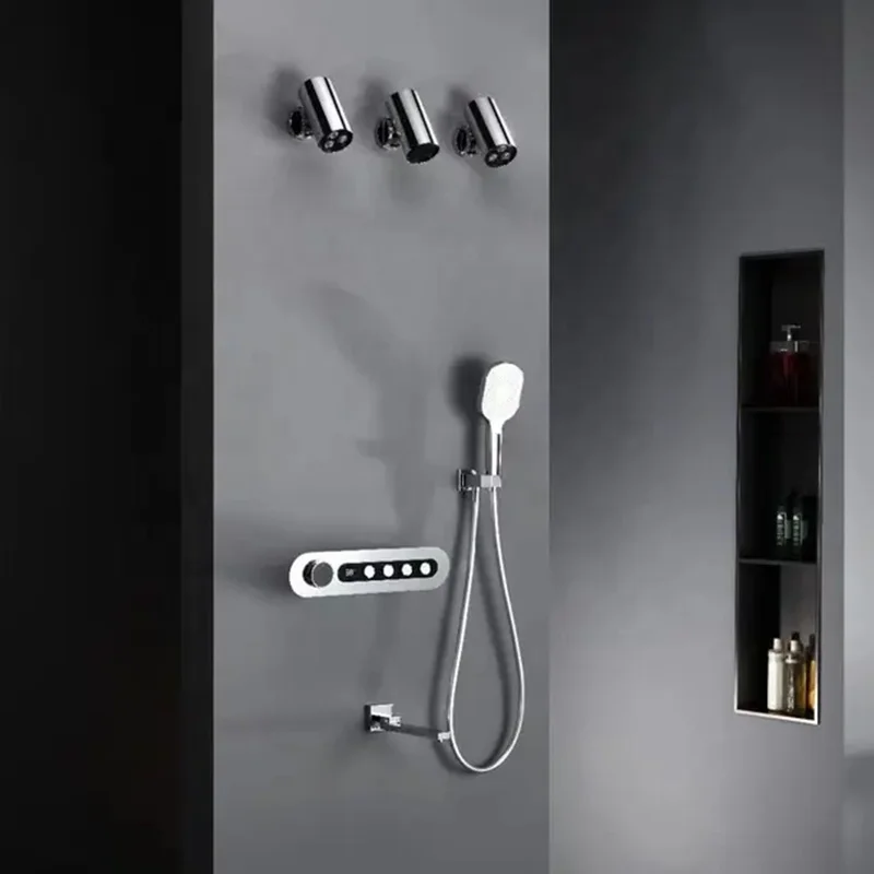 4-Function Thermostatic Shower Set Concealed Wall Mounted Brass Control Rain Pattern Jet Soft Brushed Chrome Finish Ceramic