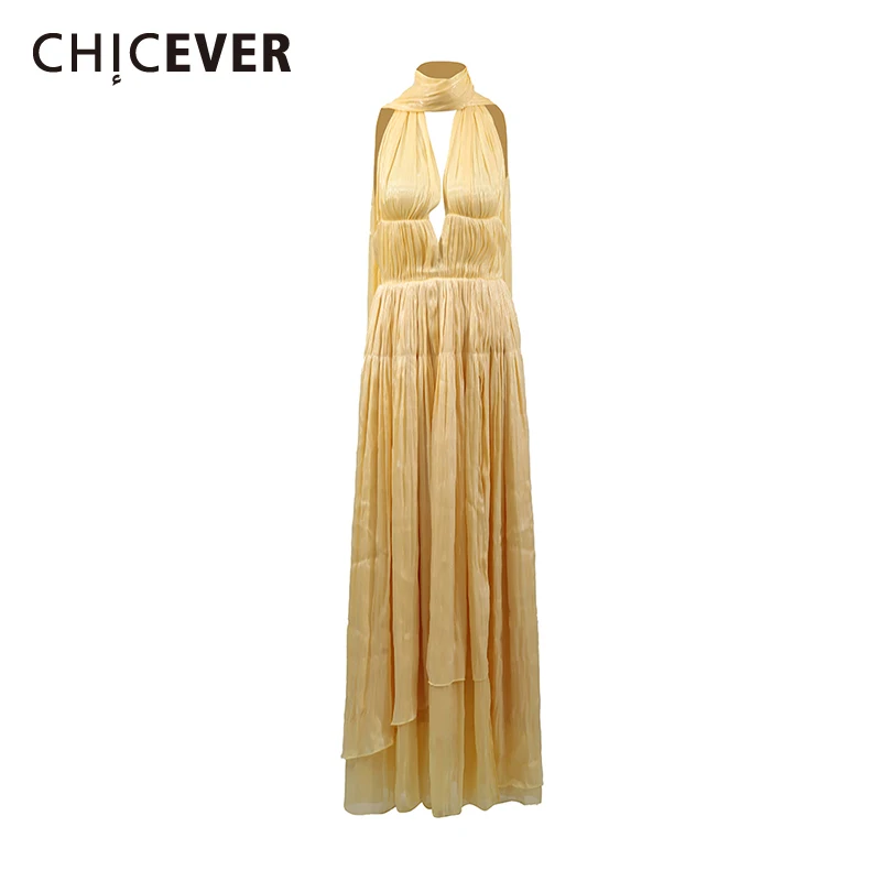

CHICEVER Elegant Solid Spliced Lace Up Dresses for Women Deep Neck Sleeveless High Wiast Temperament Dress Female Fashion Style