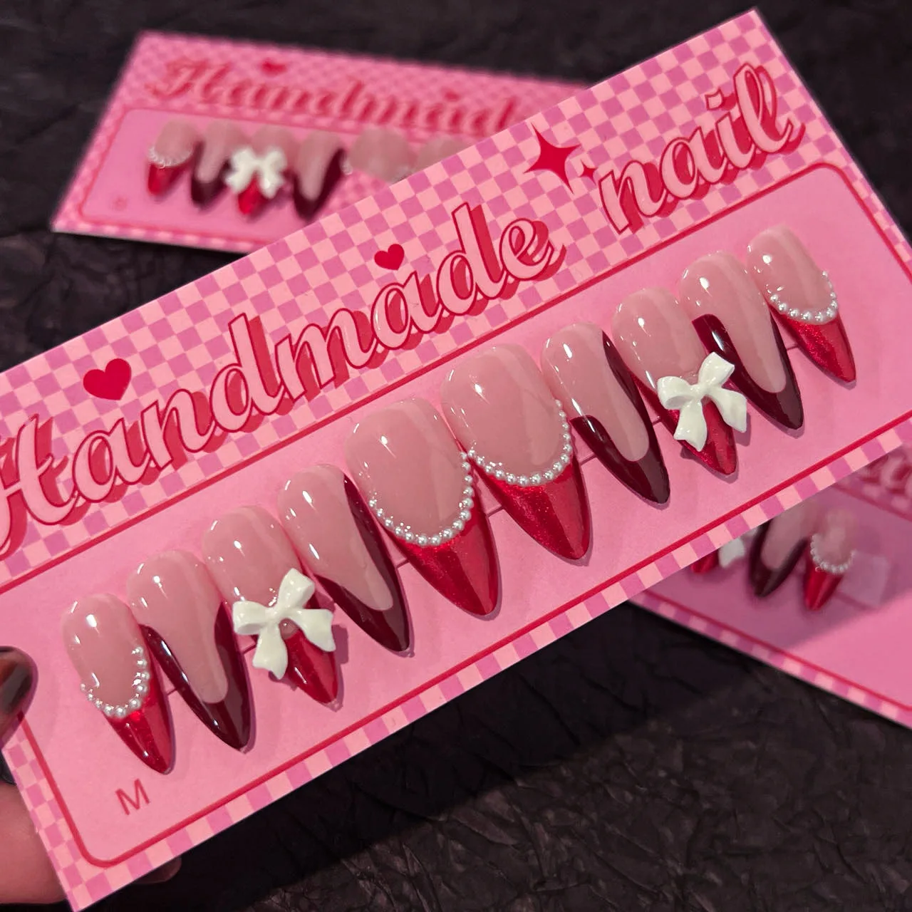 Handmade Press on Nails White 3d Bow Design Sweet Korean Style False Nails Full Cover Wearable Red French Almond Fake Nail Tips