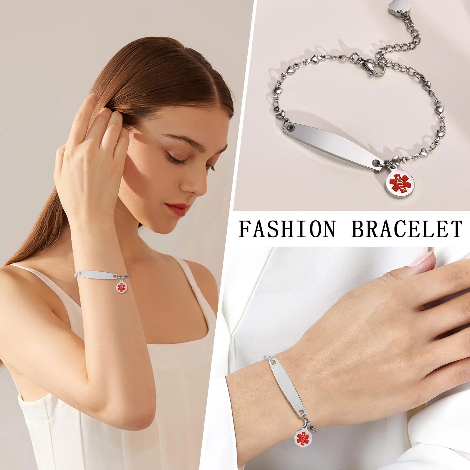 Custom Enamel Medical Alert ID Bangle Stainless Steel Rolo Chain Link Thin Bar Bracelet for Women Adjsutable 7.6\