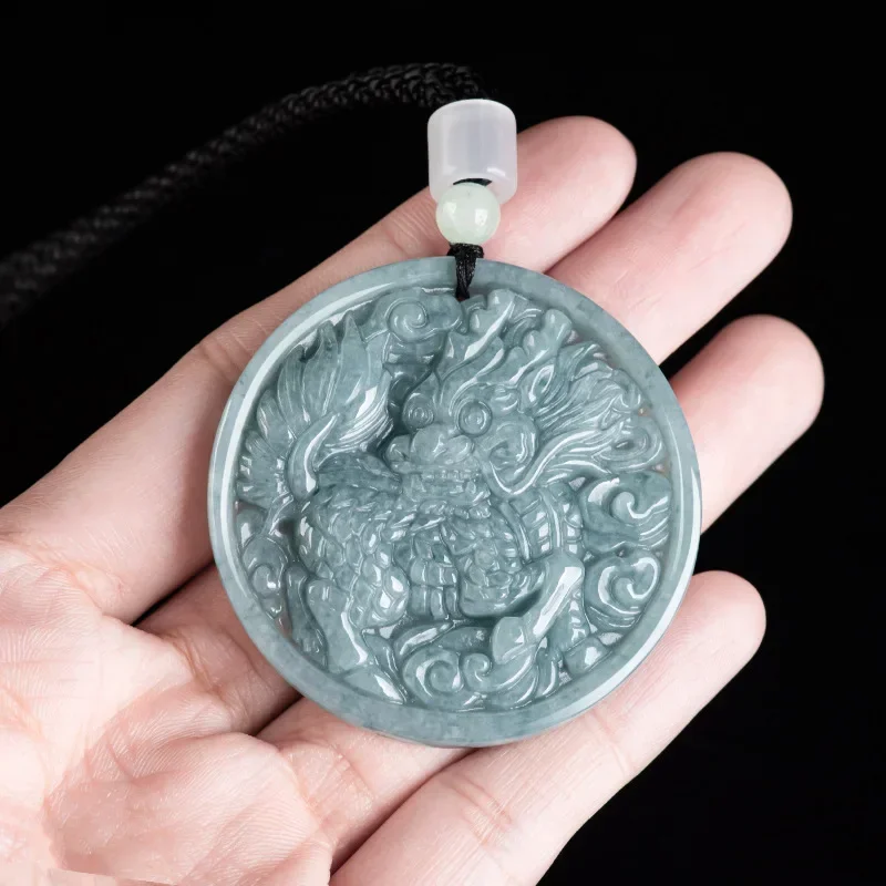 

Natural Hand-Carved/Myanmar Jadeite Blue Water Auspicious Kirin Necklace Pendant Men and Women Couples Jewelry Accessories Gifts