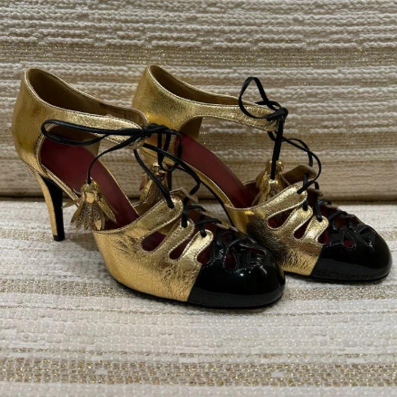 

Gold Black Lace Up Tassel Cutout Stiletto Sandals Woman Summer 2026 Color Blocking Round Toe High Heel Party Wedding Shoes