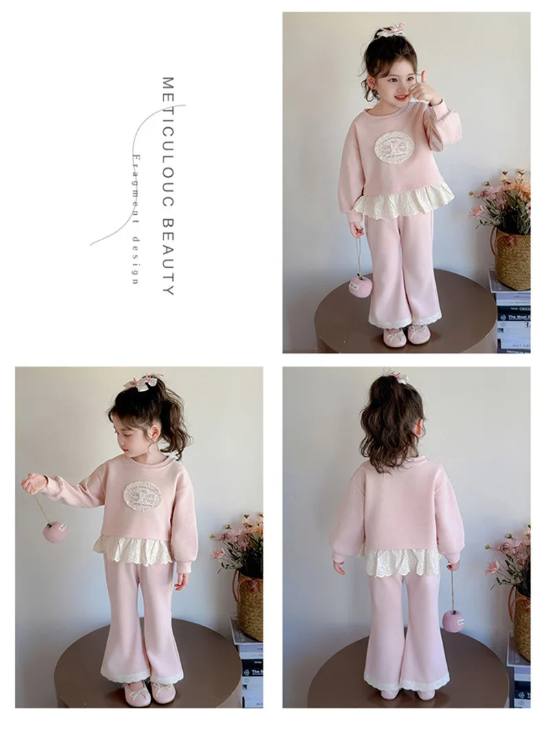 2026 Neues Herbst-Set für Mädchen, 2-teilig, Kinder-Sweatshirt mit süßem Muster, Spitze und Rüschensaum, Hosenanzug, lässiges Prinzessinnen-Outfit für Kinder, 0-10 Jahre – Detail 9