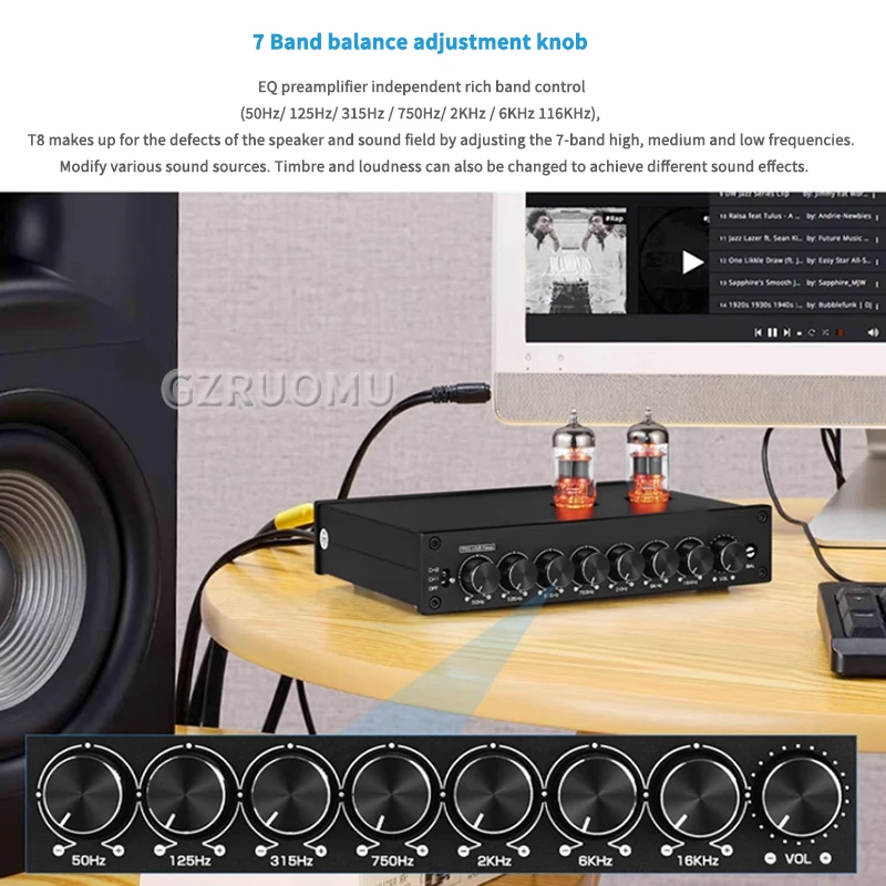 T8PRO HiFi Valve Tube Stereo Balanced XLR/RCA Preamp 7-band EQ Equalizer Home for Home Speaker with Tone Control