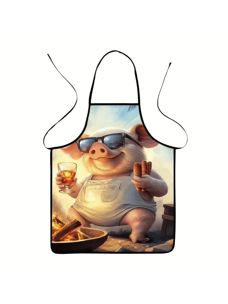 Cool Pig Chef BBQ Print Kitchen Apron 3D Cartoon Animal Pattern Cooking Bibs Linen Waterproof Baking Party Waiter Uniform