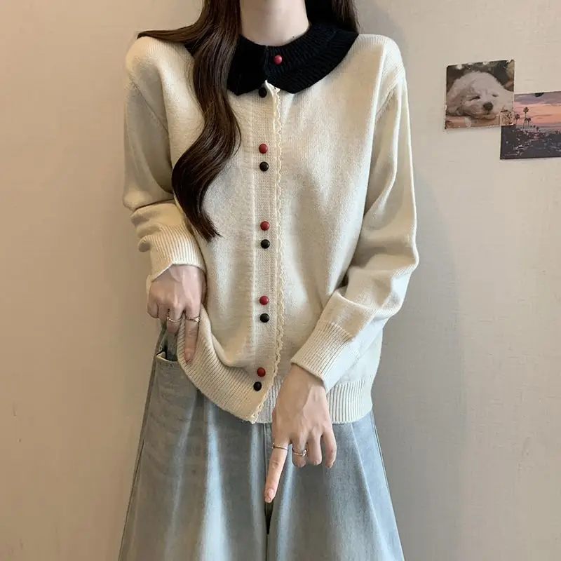 Gray Series Knitted Cardigan Sweater Jacket Plus Size Women's New Style Fat Mm Belly Covering Doll Collar Anti-aging Top