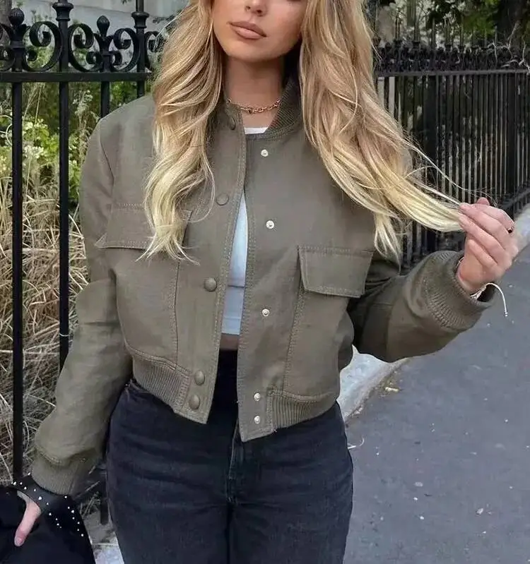 Fashion Bomber Jacket For Women Casual Solid Long Sleeve Button Crop Coat With Pocket Female Vintage Loose Outwear