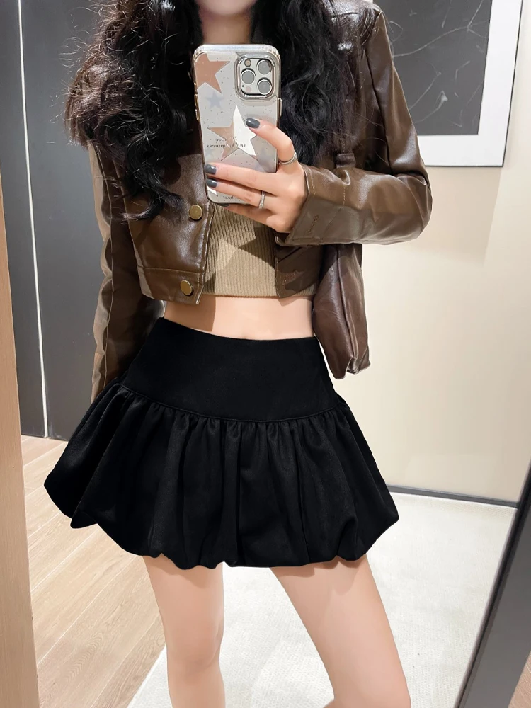 

High Waist Faux Suede Bloomer Skirt Women's Early Autumn Retro Sle A-Line ort Skirt Slimming Effect Prevents Exposure