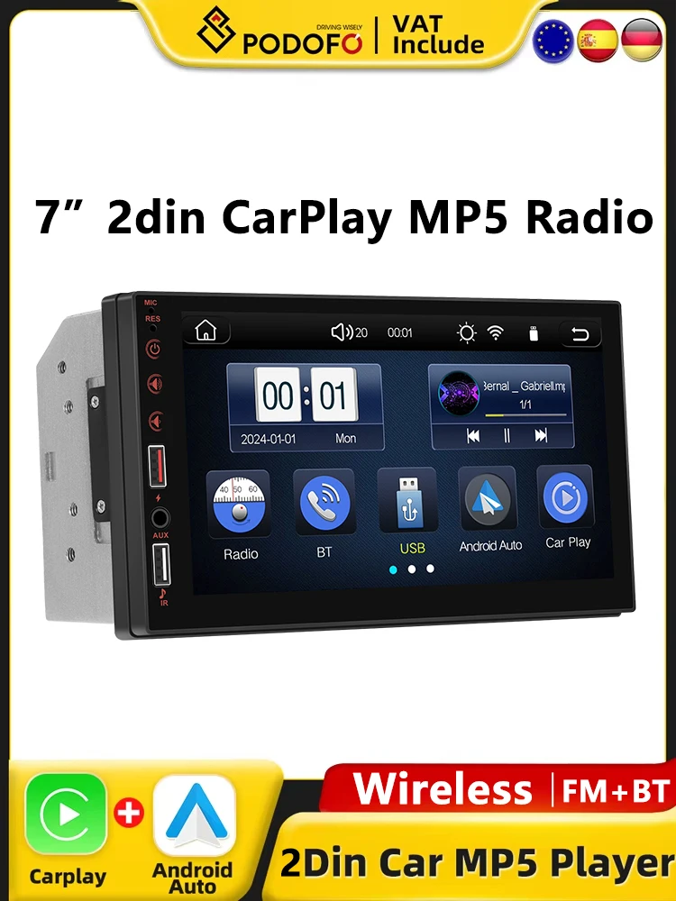 Podofo 7 "2din draadloze CarPlay MP5-speler Draadloze Android Auto Universele hoofdeenheid FM Stereo HD touchscreen multimediaspeler - afbeelding 2