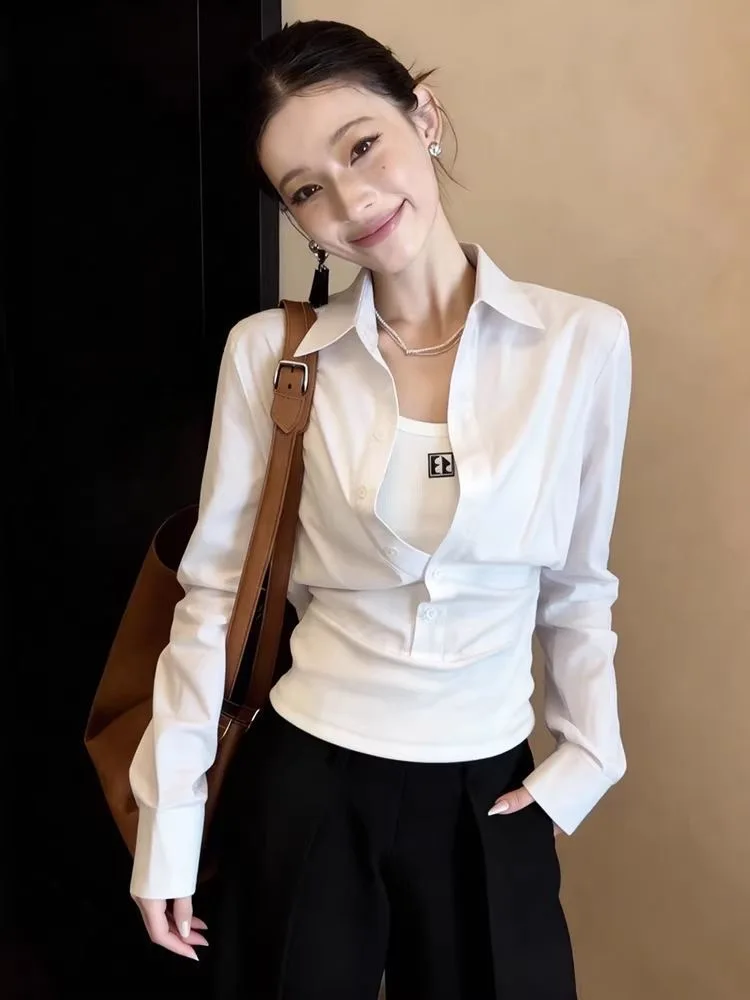 

White Collar Patchwork Fake Two-Piece Shirt Women's Korean Style Spring Early Season Unique Design Sense Top Long Sleeve Blouse