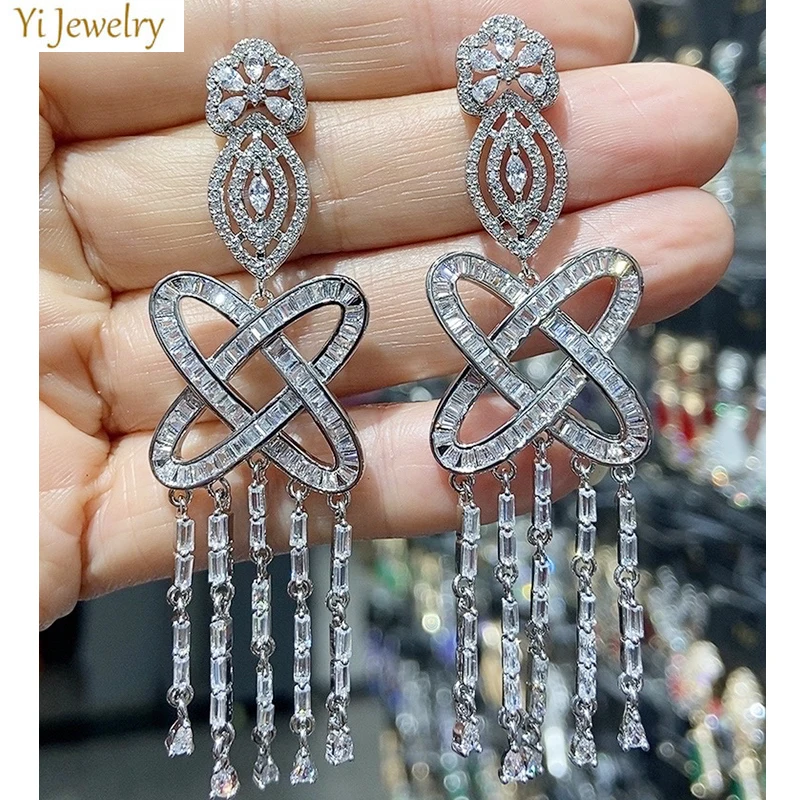 

Long Tassel Earrings vintage Luxury Jewelry Shiny Zirconia silver gold color Earrings women Wedding Dinner Party Jewelry
