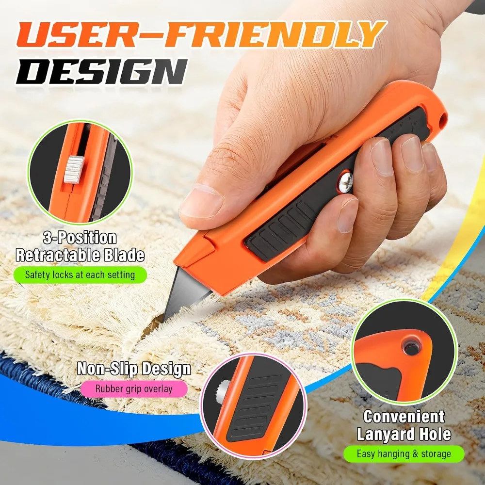4-Pack Heavy Duty Box Cutter, Retractable Utility Knife with 10 Extra Blades, Zinc Alloy, for Cardboard, Boxes, Vinyl, Carpet, Leather view 6