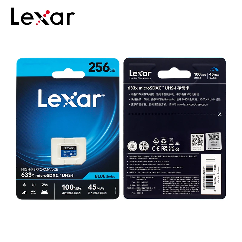 Lexar 633X 플래시 메모리 카드, 고속 U3 A2 C10 마이크로 SD 카드, 32GB 64GB 128GB 256GB 512GB TF 카드, 어댑터 포함, 100 MB/s