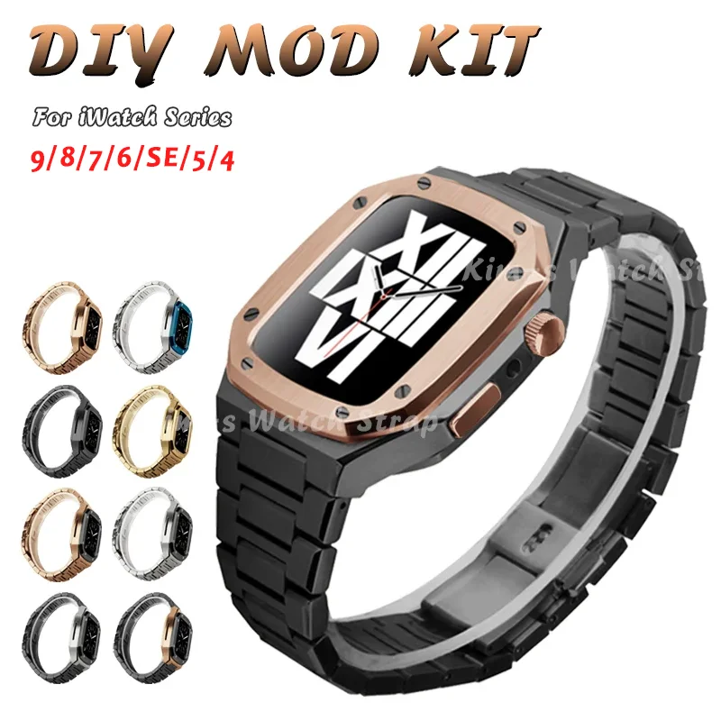 41mm 45mm ze stalowy pasek nierdzewnej zestaw do Apple Watch 44mm metalowe etui do iWatch 9 8 7 serii 6 SE 5 4 40mm DIY modyfikacja zestaw